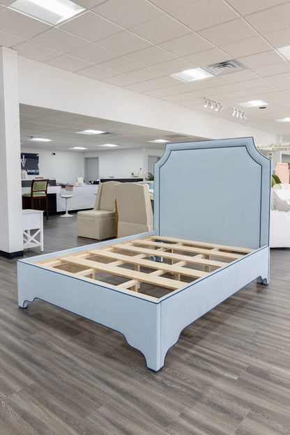 65”H Queen Platform Upholstered Bed - Sky Blue Woven Fabric - Navy Trim