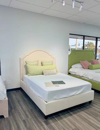 60" H Queen Upholstered Platform Bed - Brown Wooden Legs - Oatmeal Woven Fabric - Self Welted