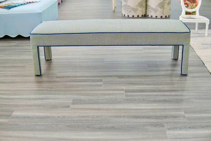 Custom Upholstered Bench in Thibaut Fabric - Navy Trim