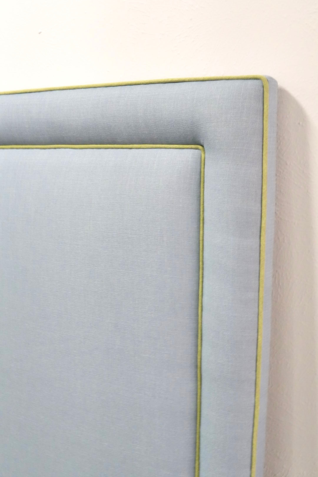 60" H Full Headboard in Blue Linen - Green Trim