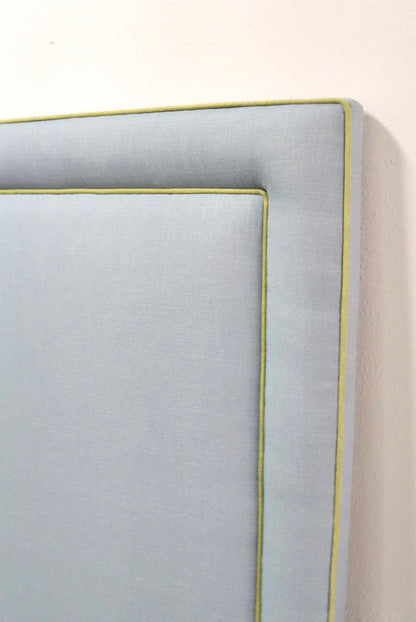 60" H Full Headboard in Blue Linen - Green Trim