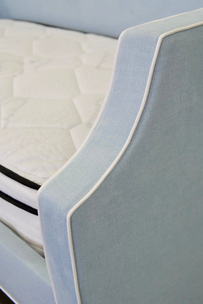 Twin Trundle Daybed - Sky Blue Woven Fabric with White Trim