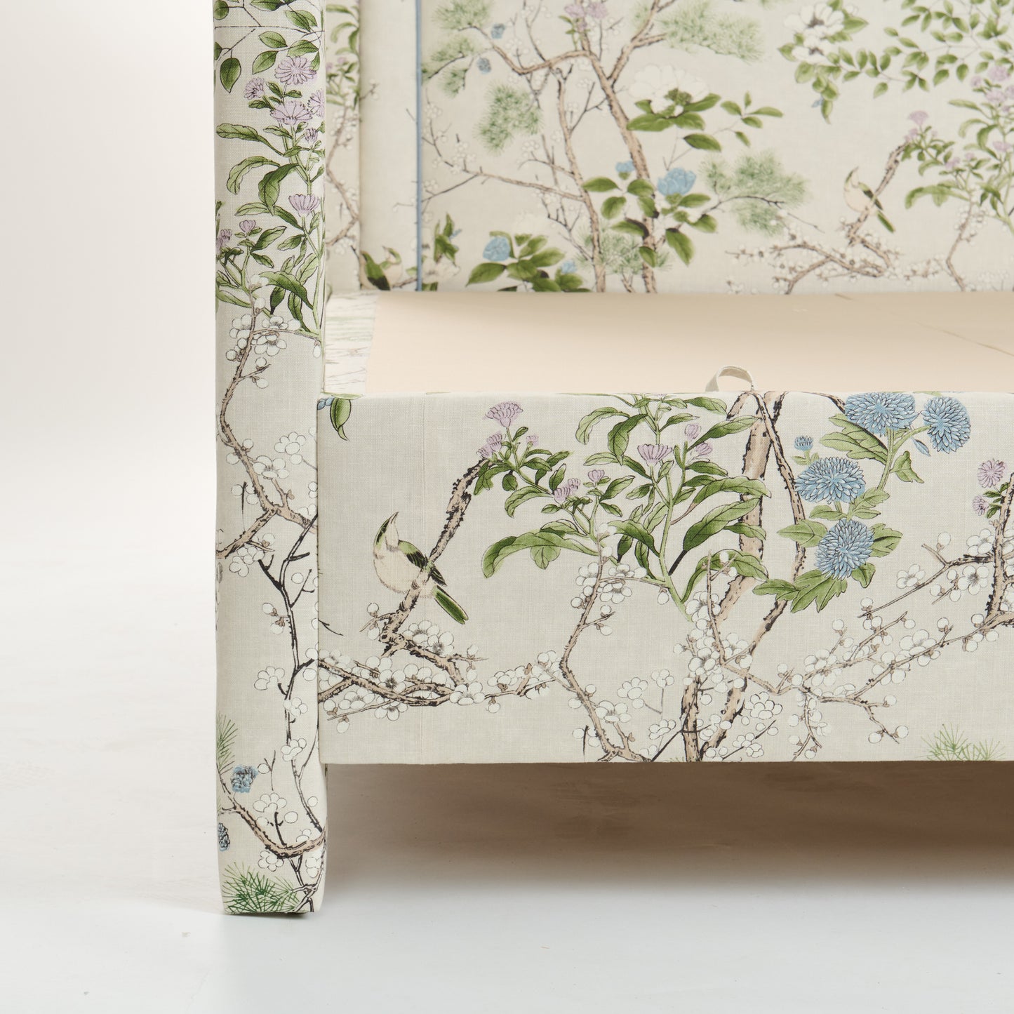The Grace Queen Canopy Bed - Upholstered in Katsura Fabric - Blue Trim