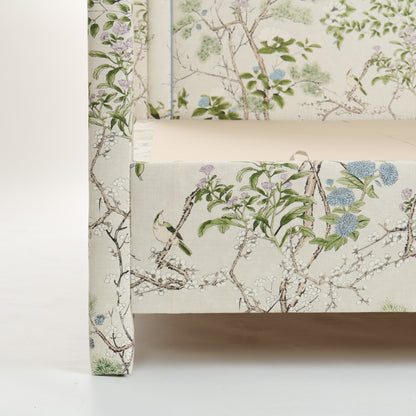 The Grace Queen Canopy Bed - Upholstered in Katsura Fabric - Blue Trim