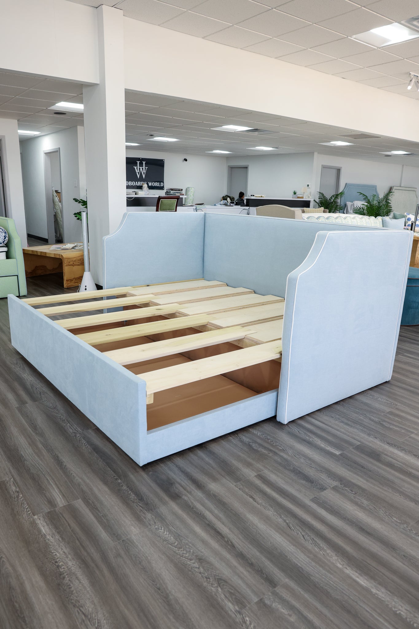 Twin to king Upholstered Trundle Daybed in Sky Blue Woven fabric - White Trim