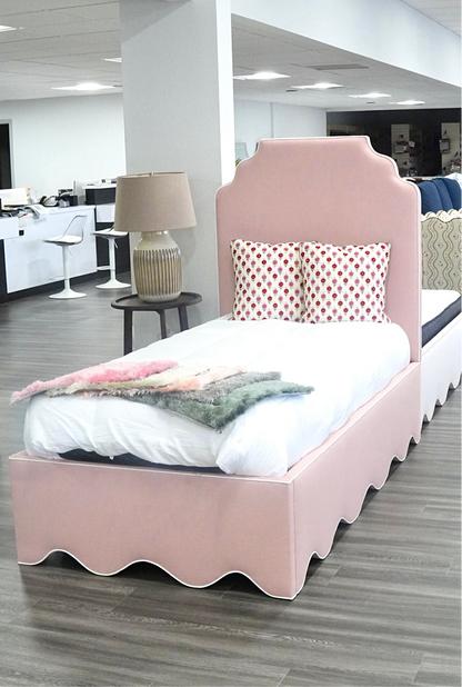 60”H Twin Scalloped Platform Bed in our Blush Pink Linen - White Trim