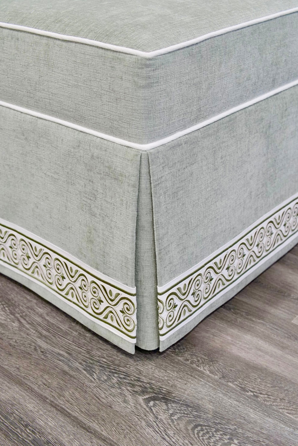 Custom Upholstered Skirted Banquette – Performance Green Chenille Fabric, White Piping