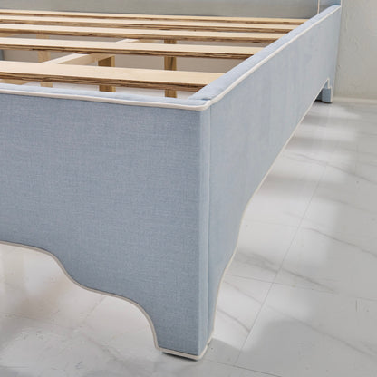 The Addison Queen Bed - Scalloped Legs - Sky Blue Woven Fabric - White Trim