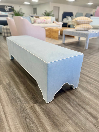 Custom Upholstered Bench in Sky Blue Woven Fabric