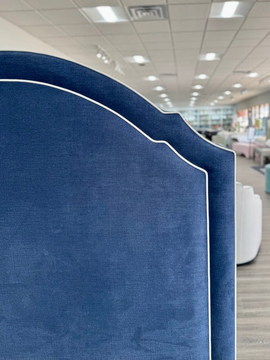 65"H Queen Upholstered Platform Bed - Scalloped Legs - Navy Woven Fabric with White Trim