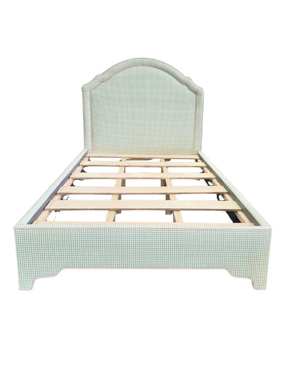 65”H Queen Platform Upholstered Bed - Sage Green Gingham Fabric with Blush Pink Trim