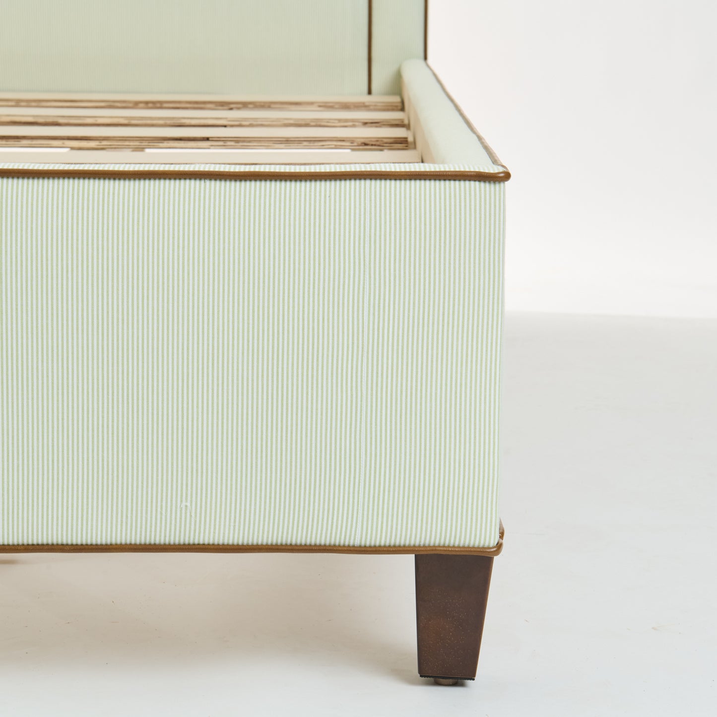 The Lorraine Queen Platform Bed - Striped Green & White Fabric - Leather Trim