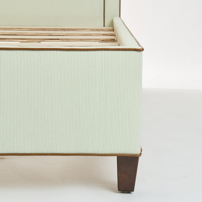 The Lorraine Queen Platform Bed - Striped Green & White Fabric - Leather Trim