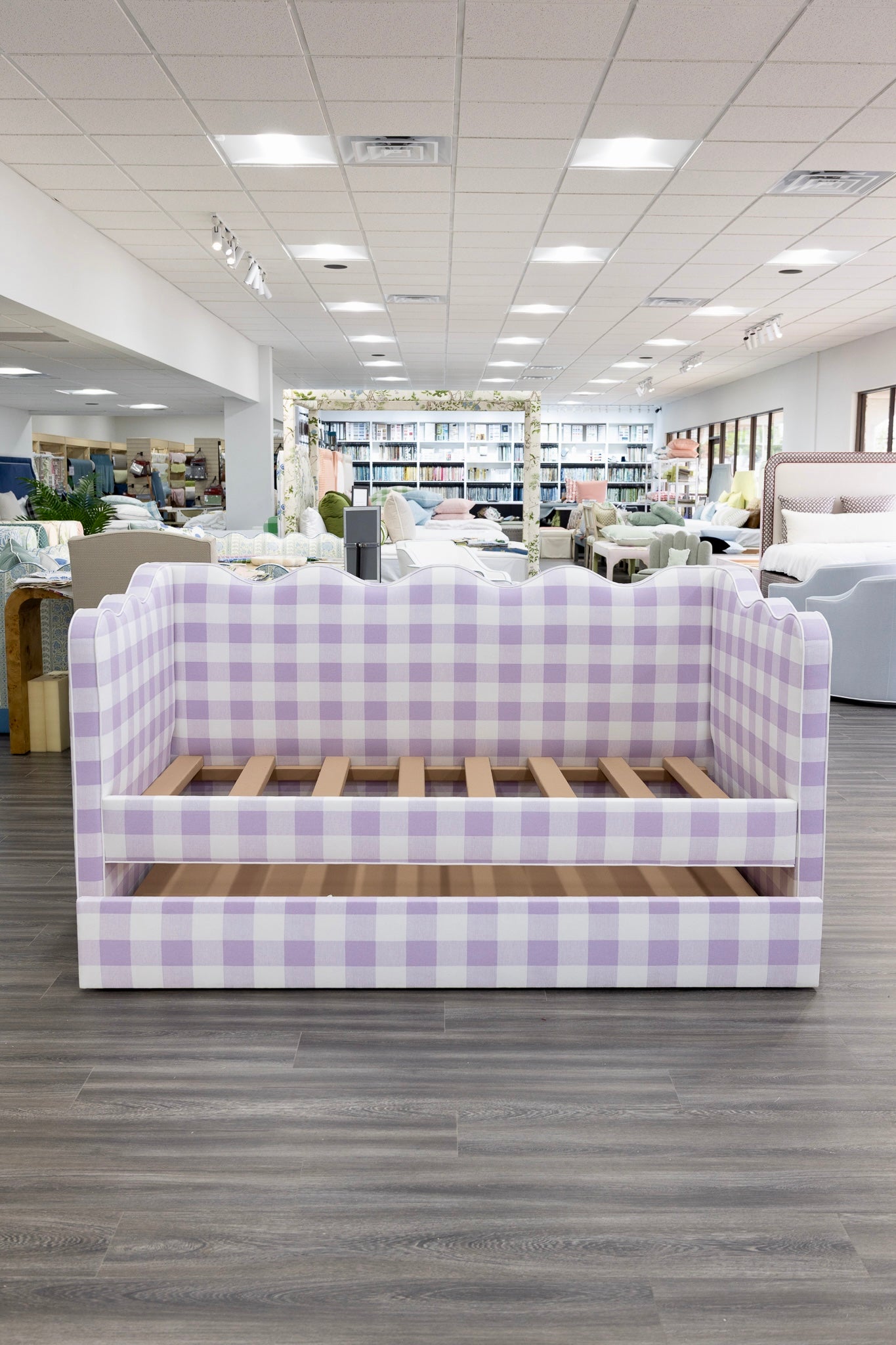 The Waverly Twin Trundle Daybed  - Buffalo Orchid Fabric - White Trim