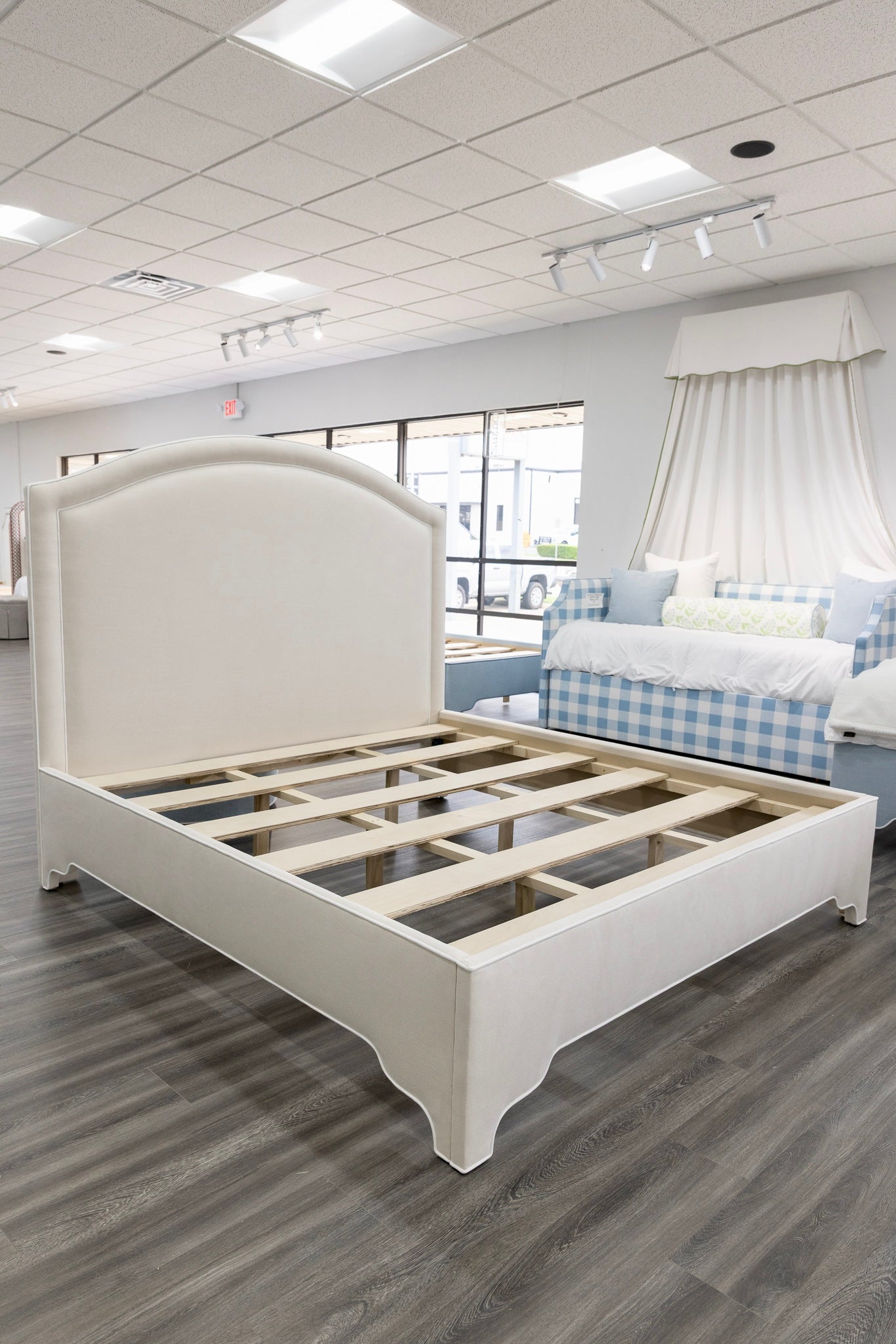 The Lilliane King Bed - Upholstered Legs - Oatmeal Woven Fabric - White Trim