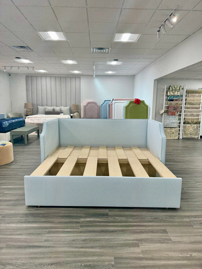 Twin to king Upholstered Trundle Daybed in Blue Gingham fabric - Sky Blue Trim