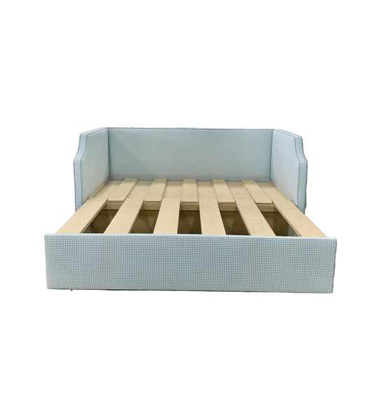 Twin to king Upholstered Trundle Daybed in Blue Gingham fabric - Sky Blue Trim