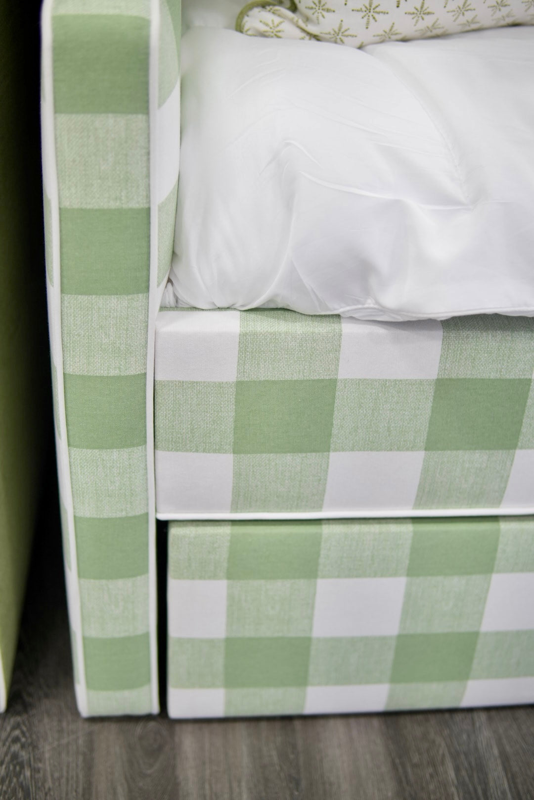 Twin Trundle Daybed - Sage Green Checkered Fabric with White Trim