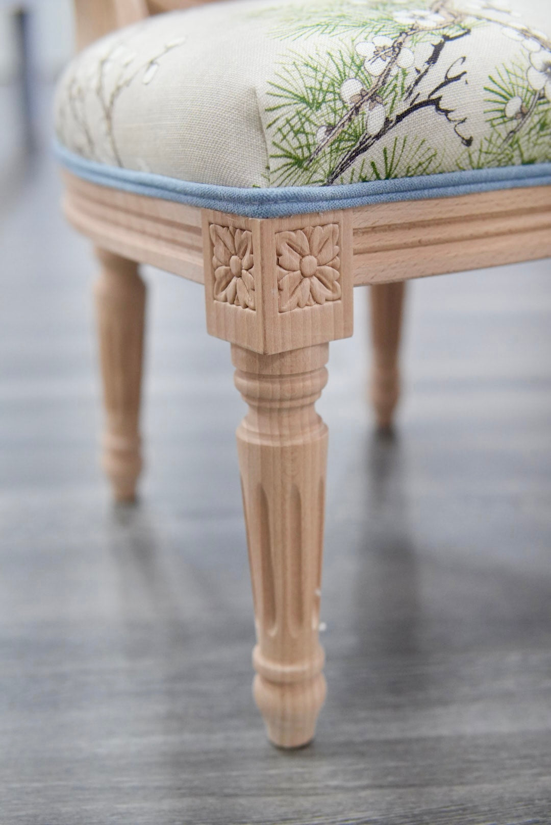 Custom Upholstered Tiny Chair in Thibaut Floral Fabric - Blue Trim