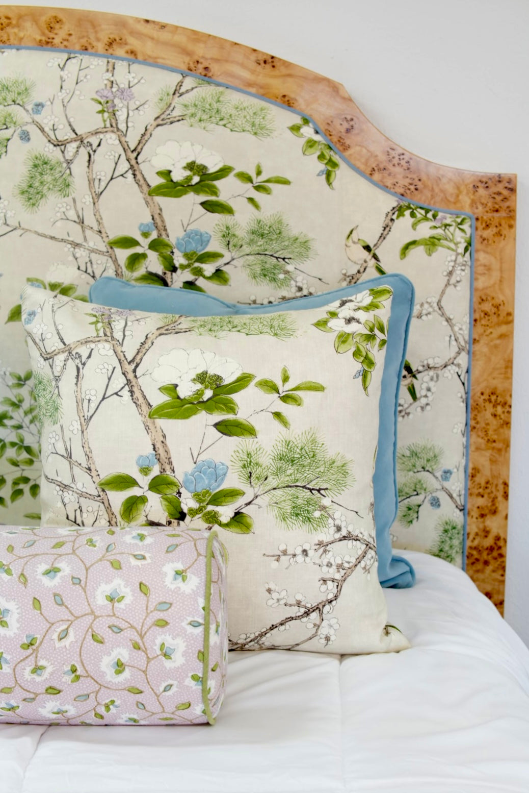 65"H Mappa Burlwood King Bed - Upholstered in Katsura Thibaut Fabric - Blue Trim