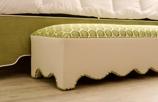 50” L Scalloped End of Bed Bench in Green Thibaut Fabric