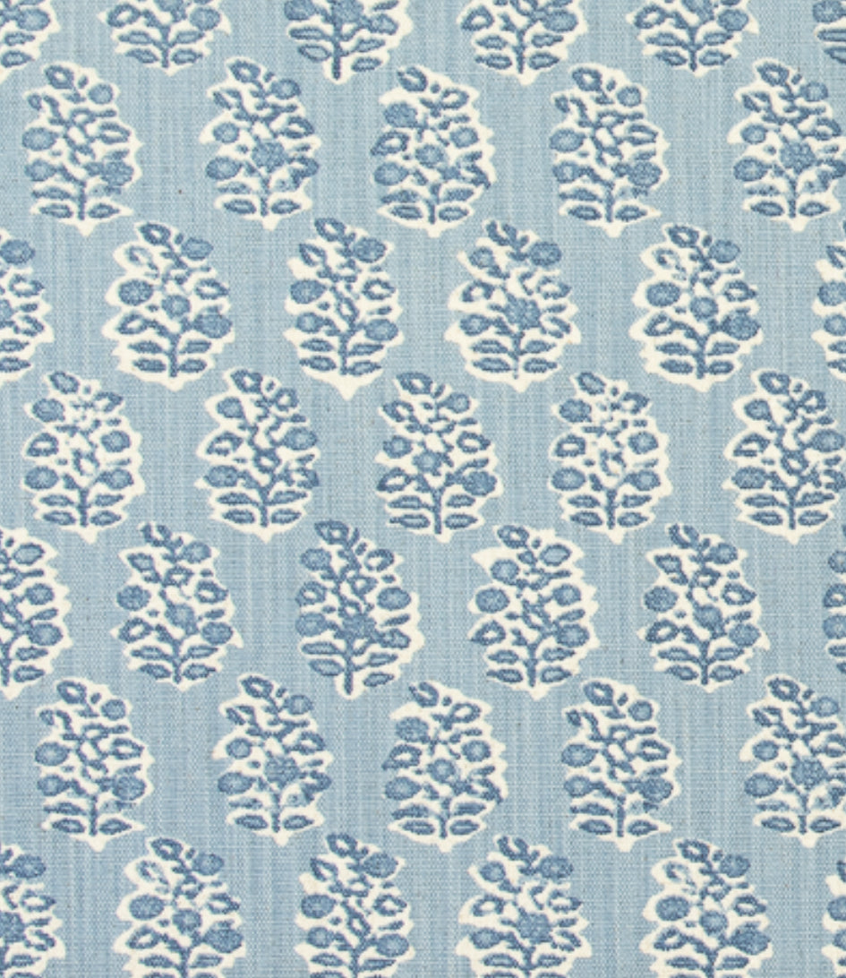 65”H Queen Platform Upholstered Bed - Perry Blue Polyester Fabric with White Trim