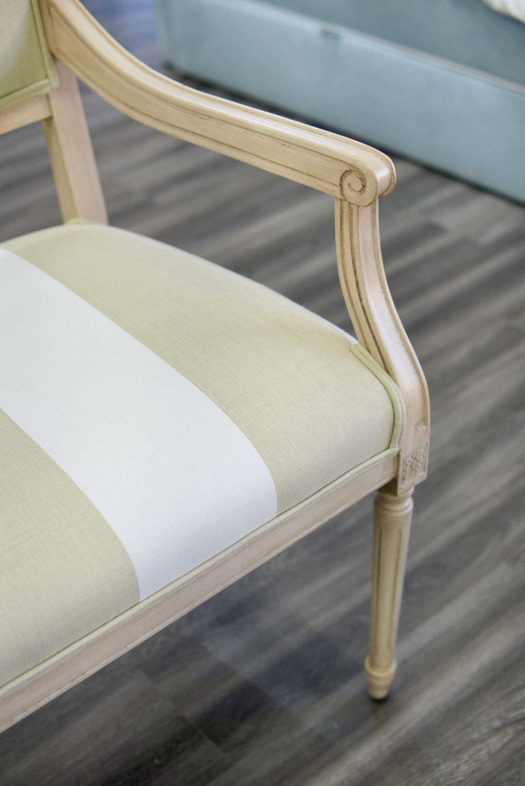Italian Carved Upholstered Bench in Sage & Ivory Wide Stripe
