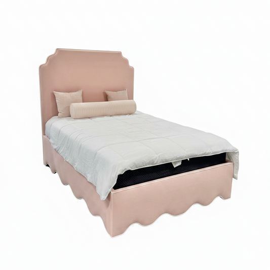 The Helena Queen Bed - Scalloped Base - Pink Linen Fabric - White Pink
