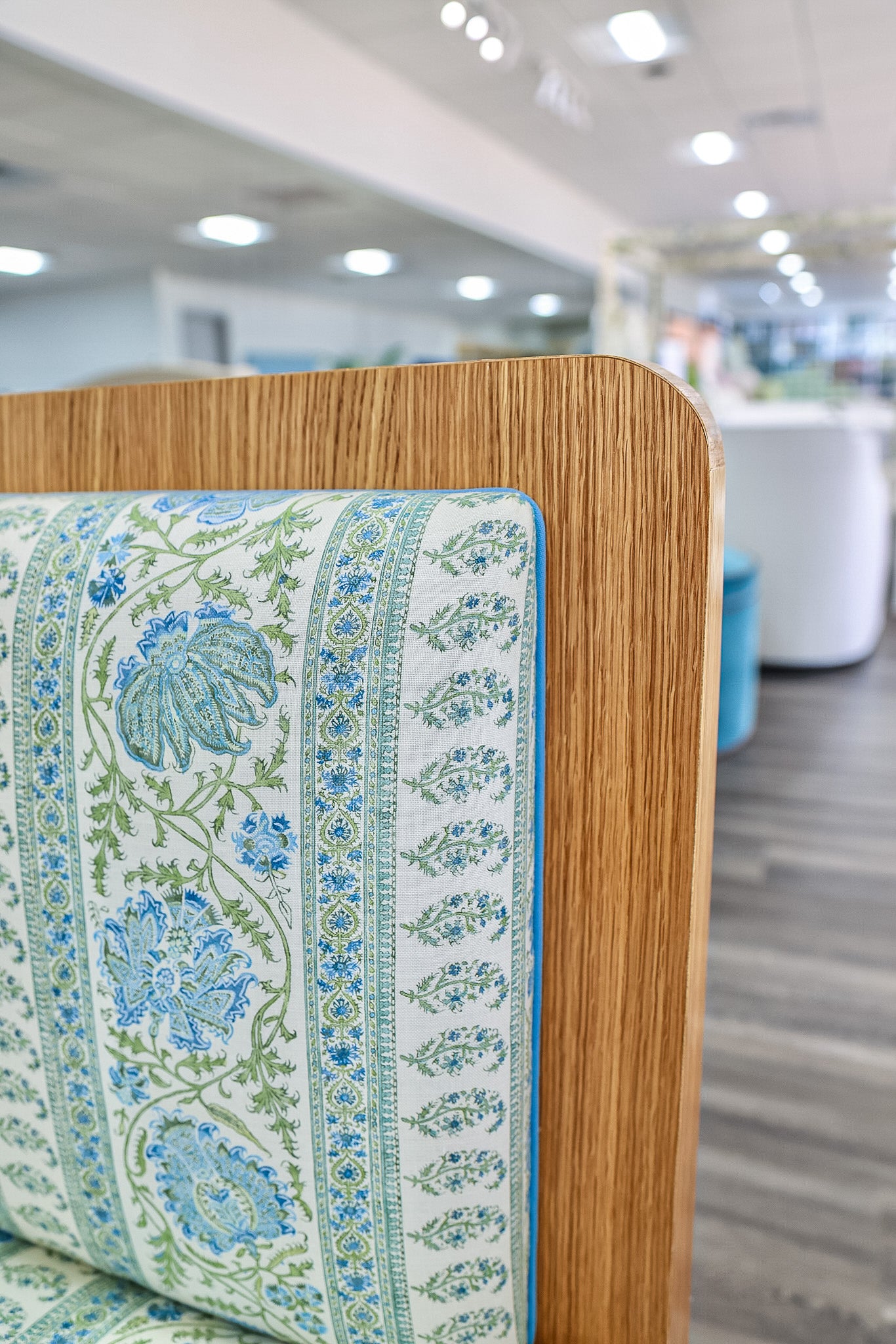 Lorraine White Oak Banquette – Lee Jofa Indiennes Fabric - Blue Trim