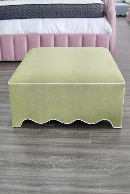 Scalloped Ottoman / Coffee table in Pistachio Green Woven Fabric - White Trim