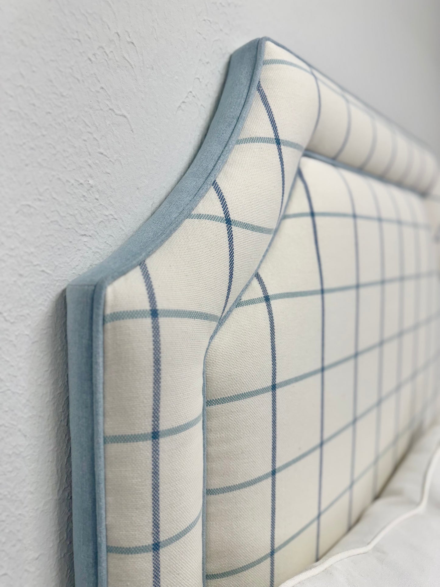 The Addison Twin Headboard - Checkered Fabric - Sky Blue Trim