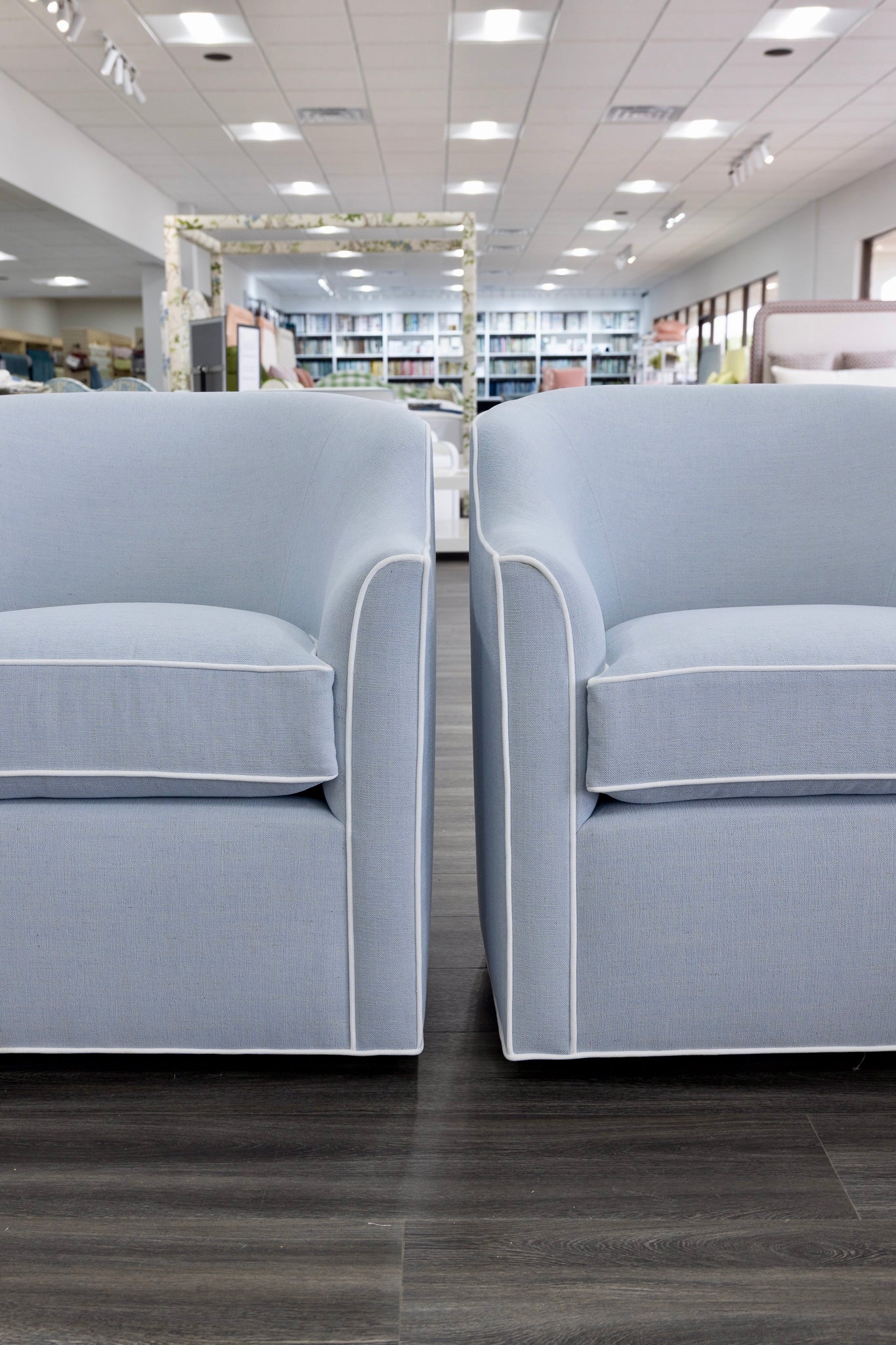 Custom Swivel Chair: Performance Light Blue Crypton Fabric - White Trim