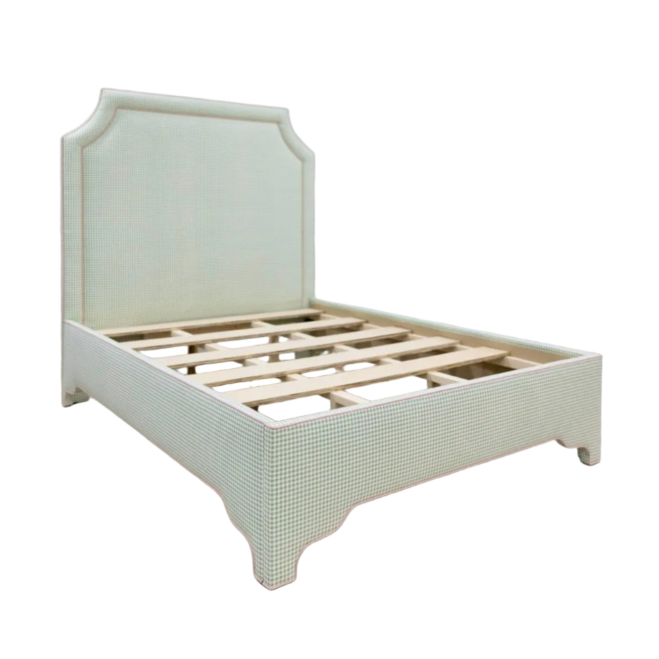 65”H Queen Platform Upholstered Bed - Sage Green Gingham Fabric with Blush Pink Trim