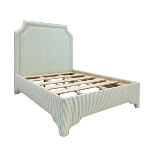 65”H Queen Platform Upholstered Bed - Sage Green Gingham Fabric with Blush Pink Trim