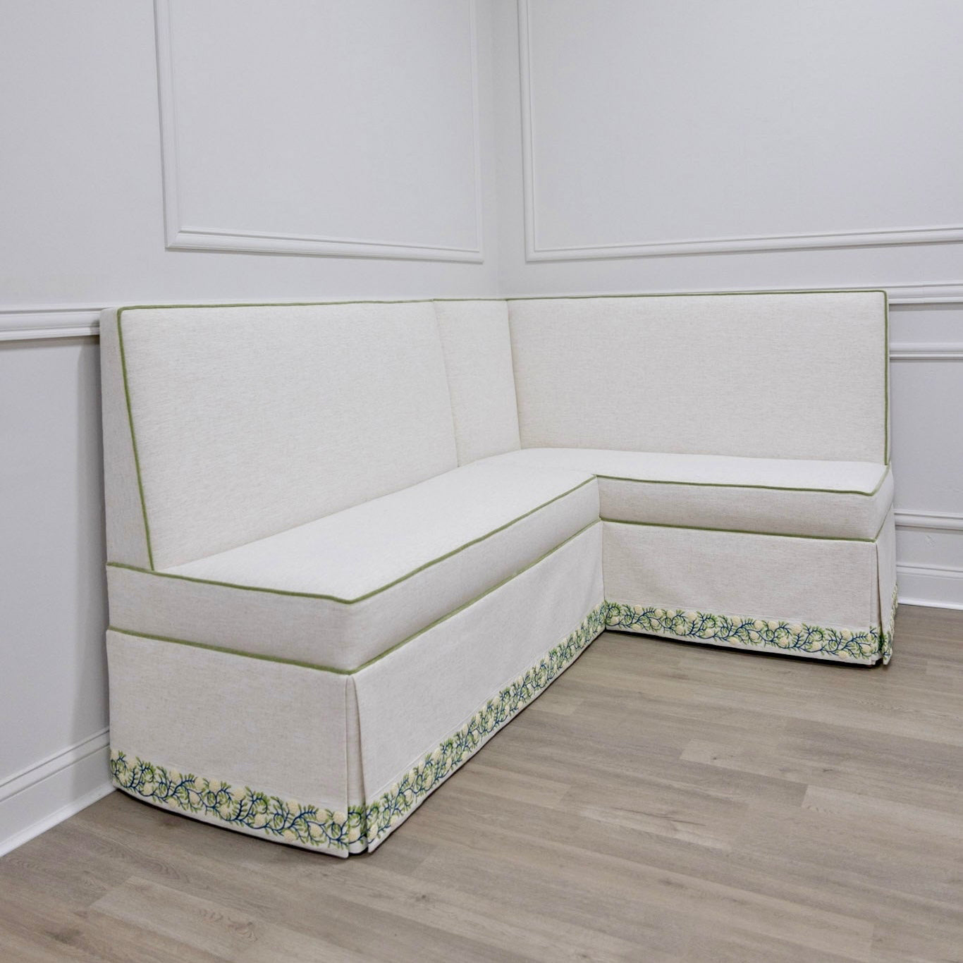 Custom Upholstered Skirted Banquette – Crypton Off-White Fabric, Pistachio Green Trim