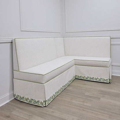 Custom Upholstered Skirted Banquette – Crypton Off-White Fabric, Pistachio Green Trim