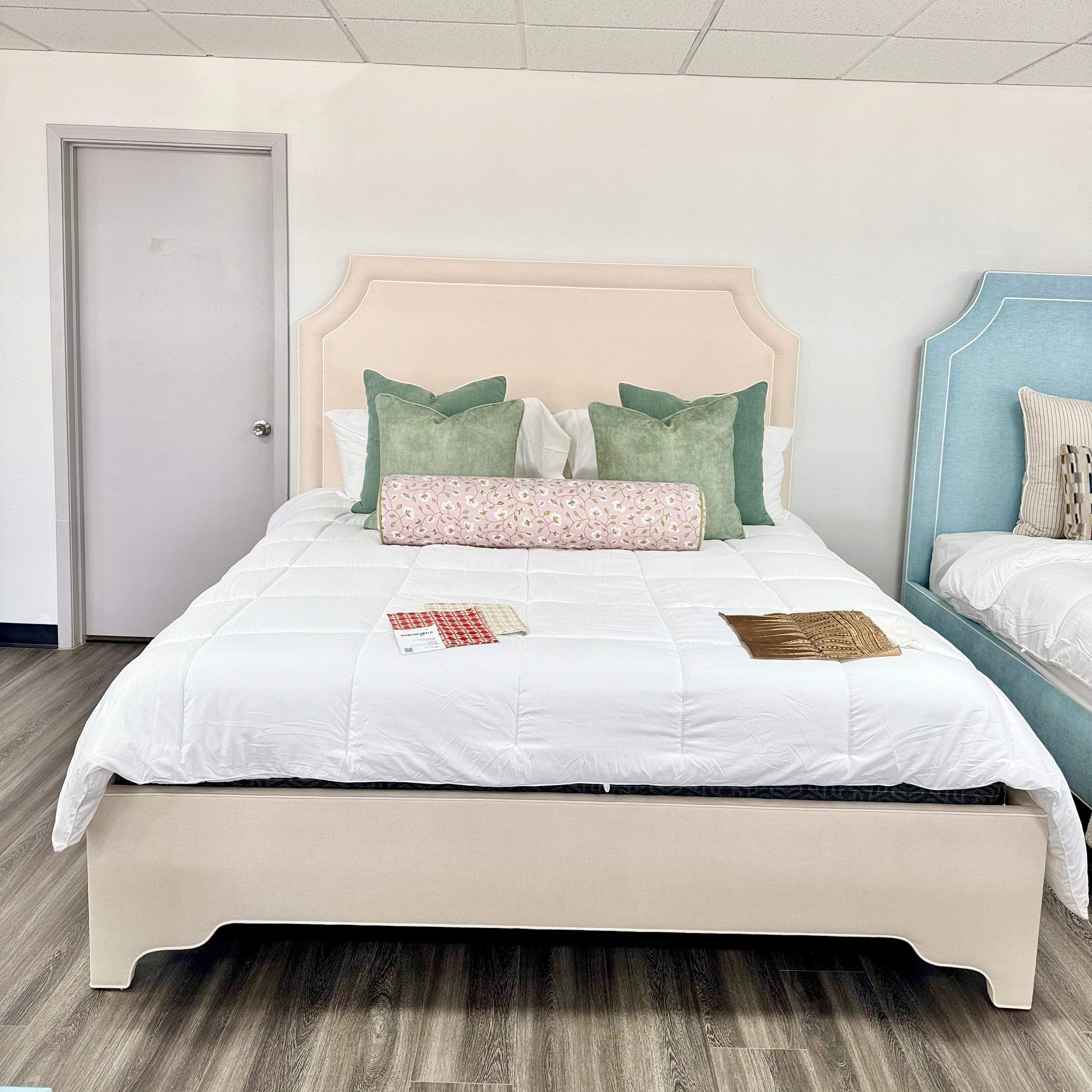 The Addison King Bed - Scalloped Legs - Oatmeal Woven Fabric - White T ...