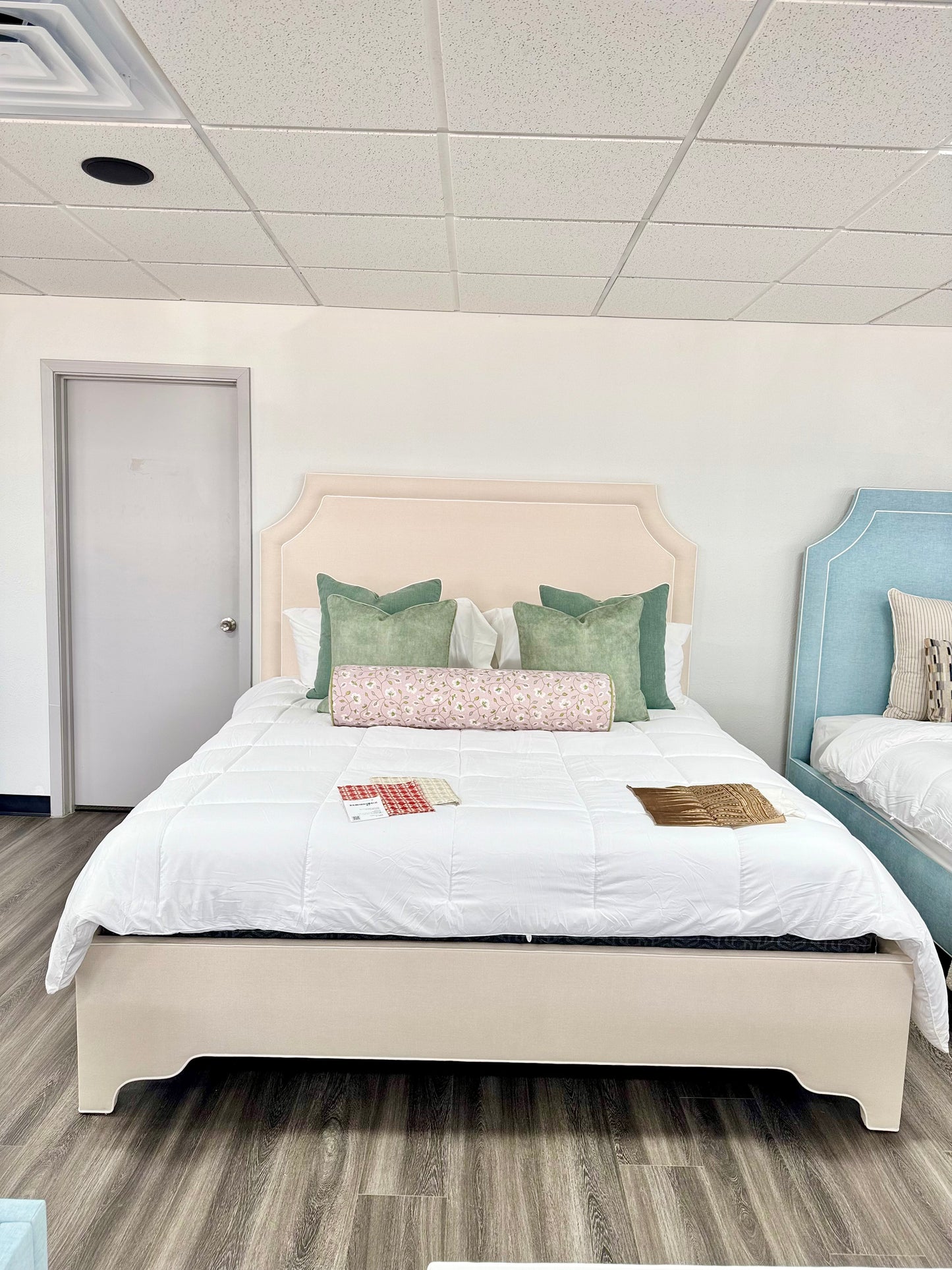 65"H King Upholstered Platform Bed - Scalloped Legs - Oatmeal Woven Fabric - White Trim