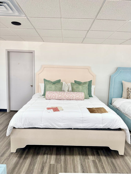 65"H King Upholstered Platform Bed - Scalloped Legs - Oatmeal Woven Fabric - White Trim