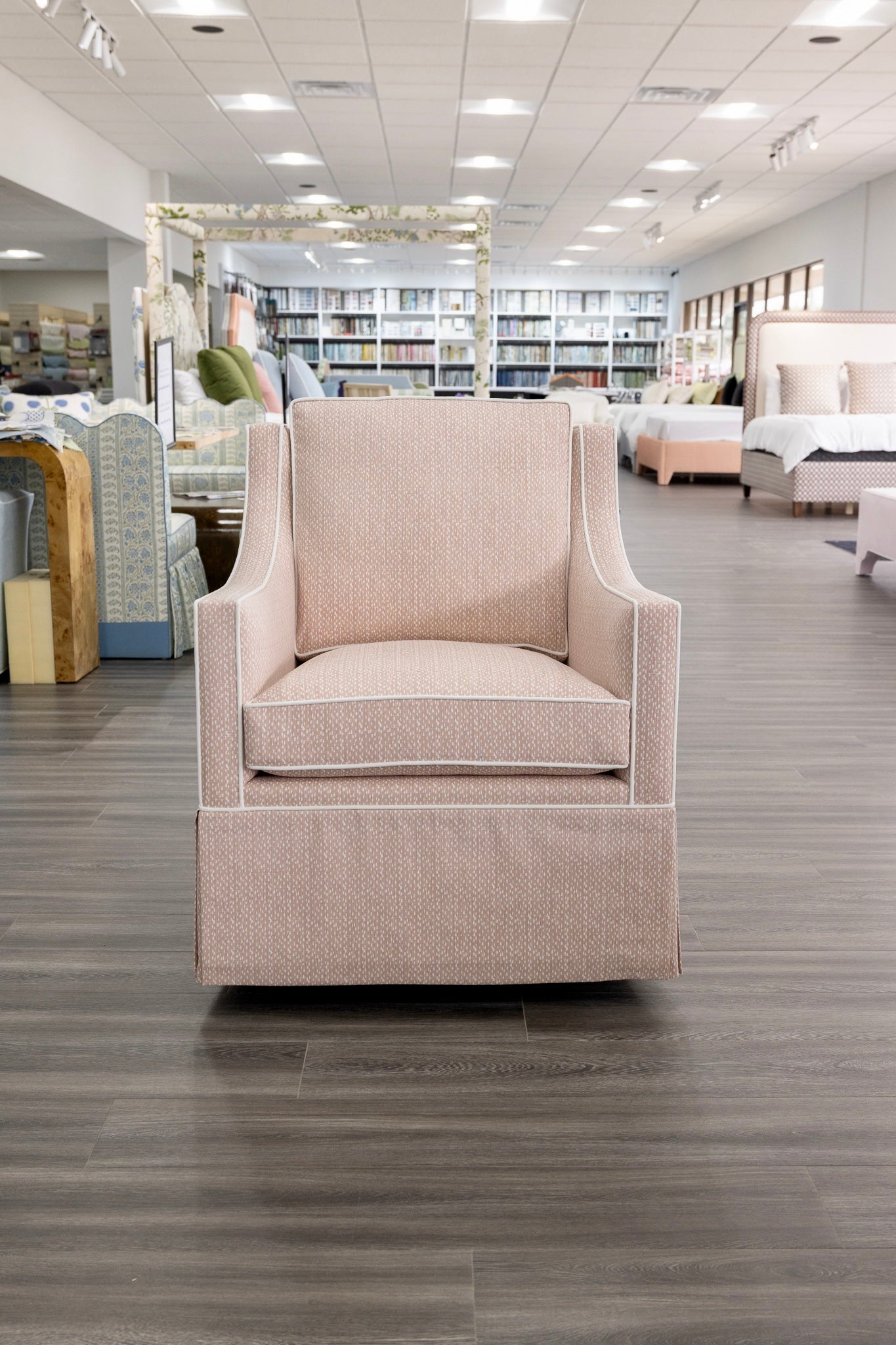 Custom Swivel Glider Chair – Pink Dotted Fabric with White Trim