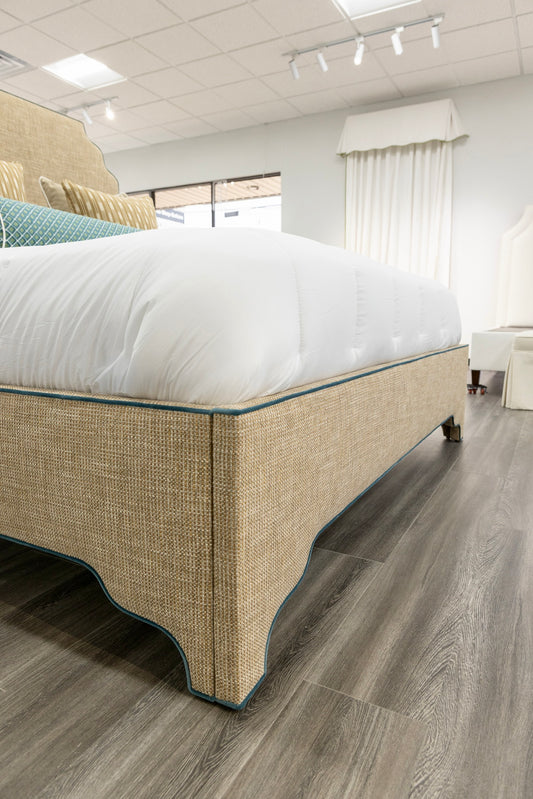 65"H Helena King Platform Bed - Scalloped Legs - Performance Brown Linen Fabric - Blue Trim