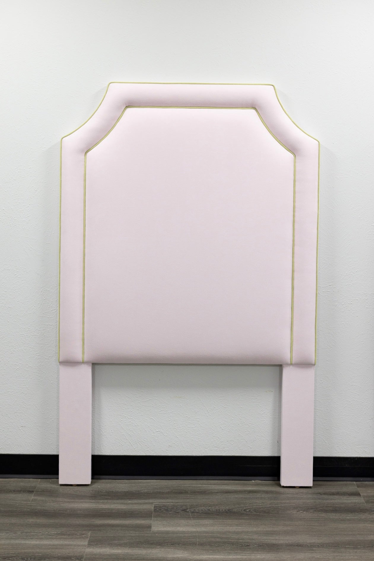 The Addison Twin Headboard - Powder Pink Woven Fabric - Green Trim