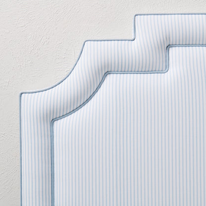 The Martha King Headboard - Classic Blue Stripe Fabric - Sky Blue Trim