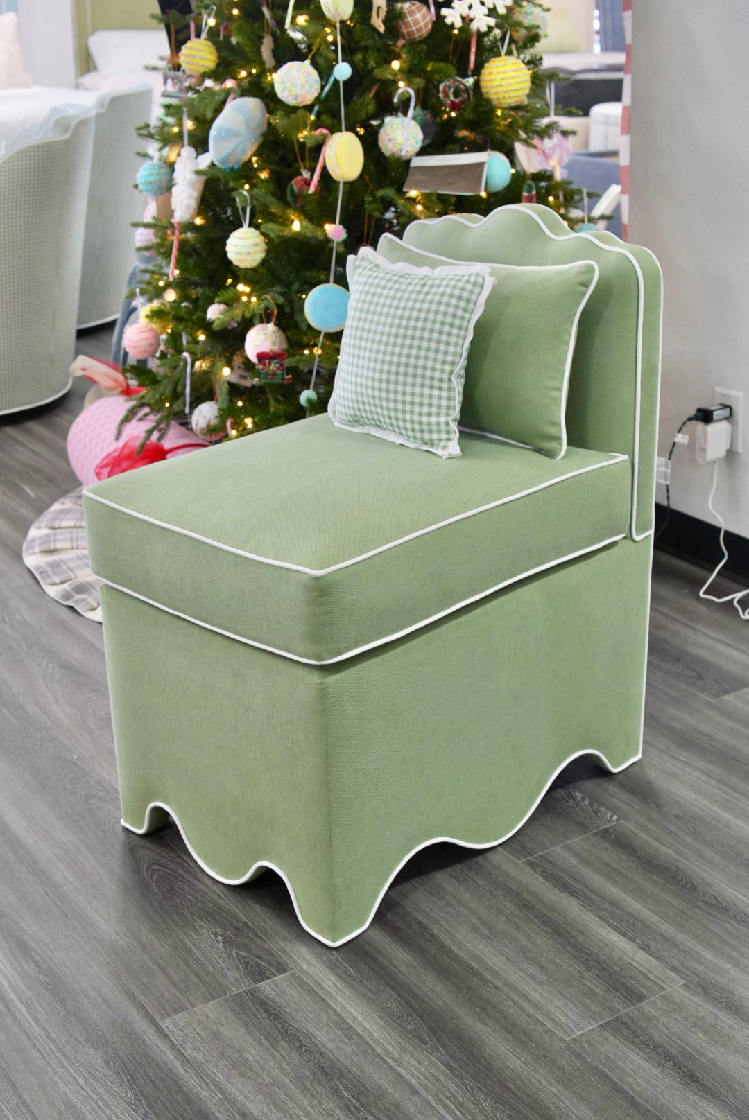 Custom Scalloped Upholstered Chair – Green with White Piping