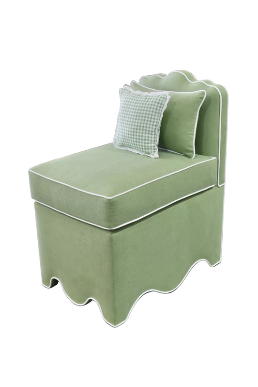 Custom Scalloped Upholstered Chair – Green with White Piping