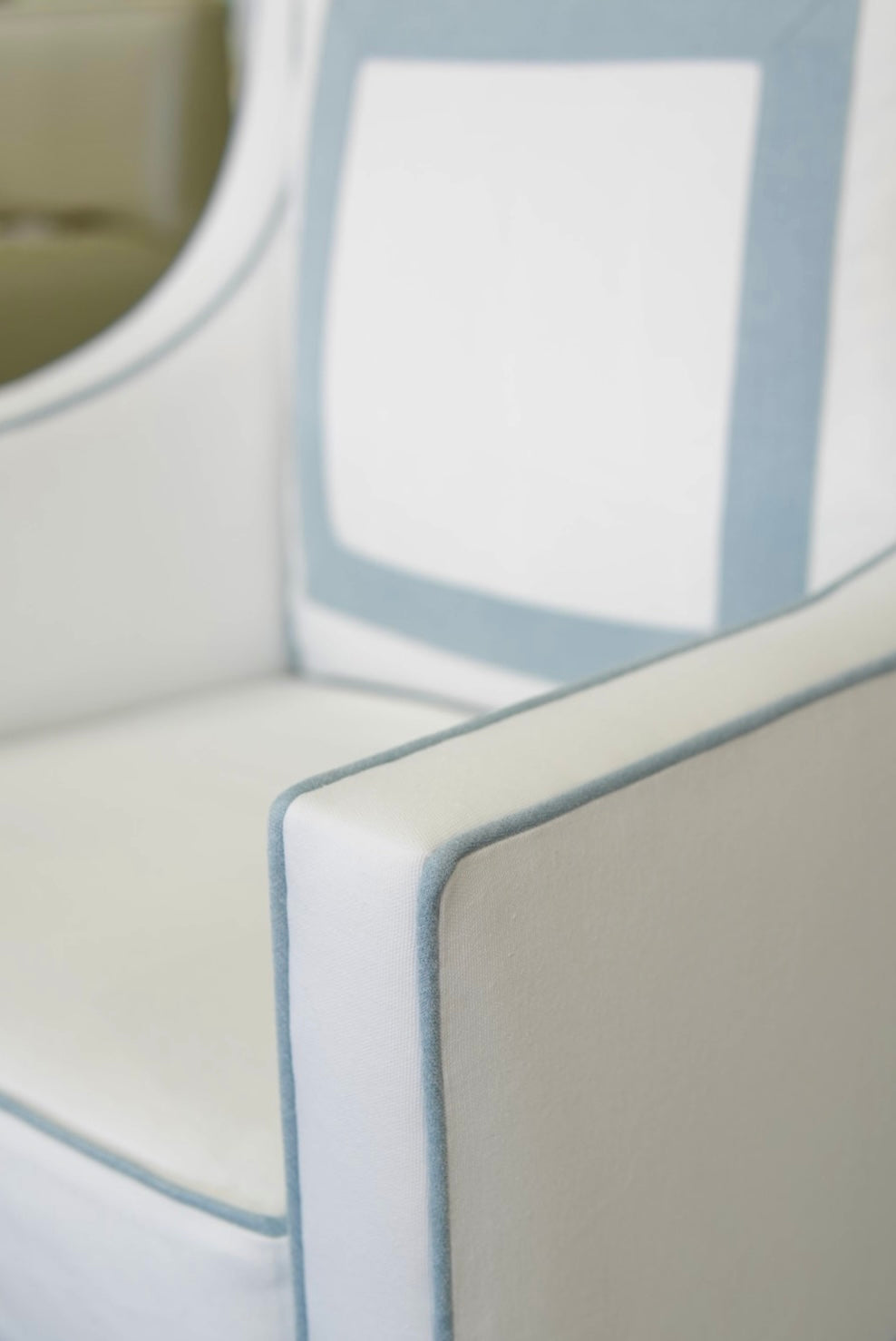 Custom Swivel Glider Chair – White Linen with Sky Blue Trim