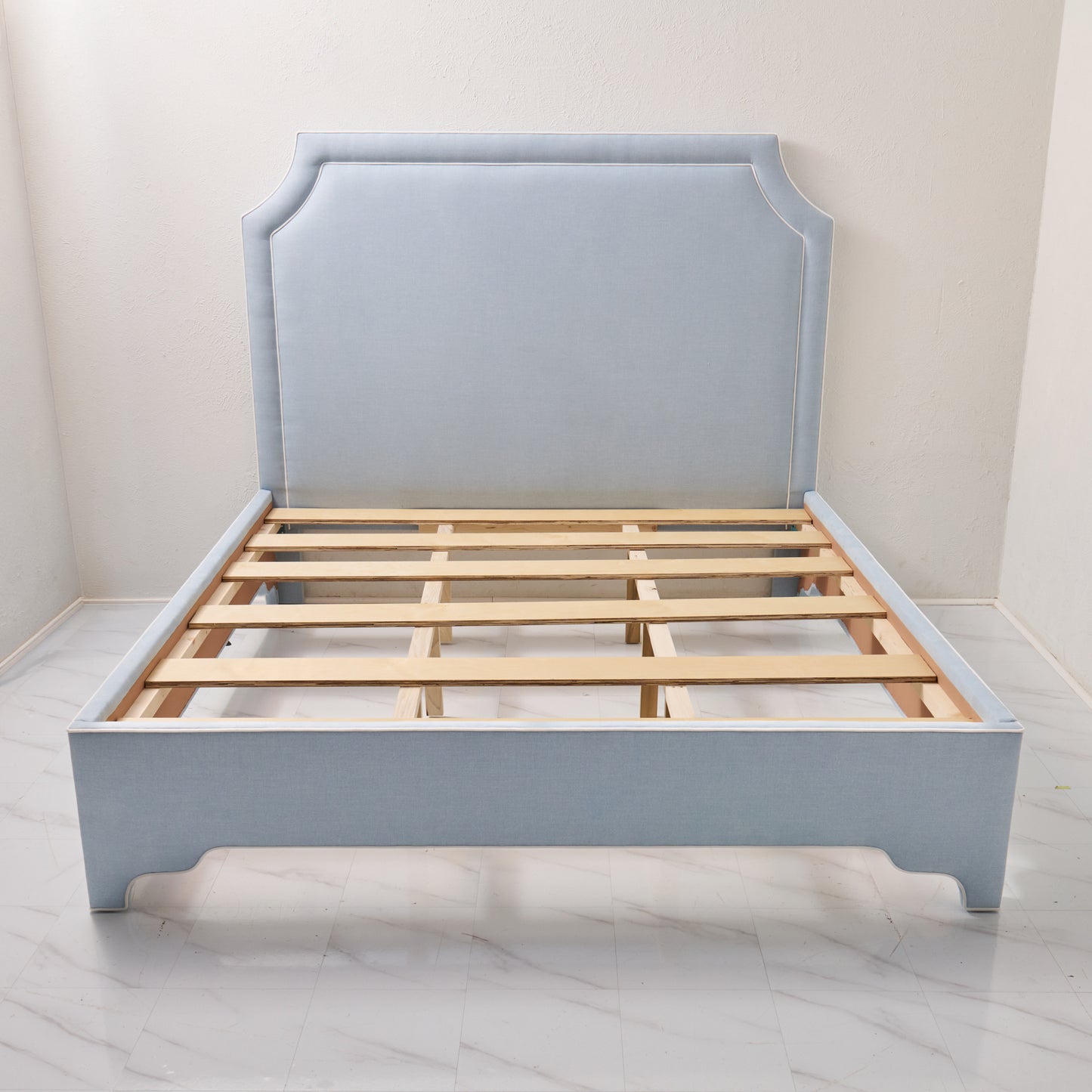 65" H King Platform Bed - Scalloped Legs - Sky Blue Woven Fabric with White Trim