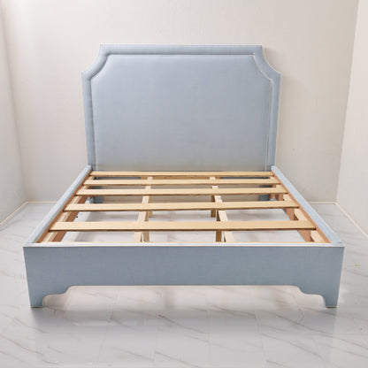65" H King Platform Bed - Scalloped Legs - Sky Blue Woven Fabric with White Trim