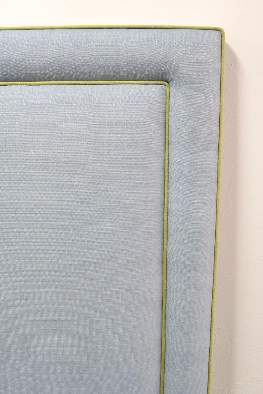 60" H Full Headboard in Blue Linen - Green Trim