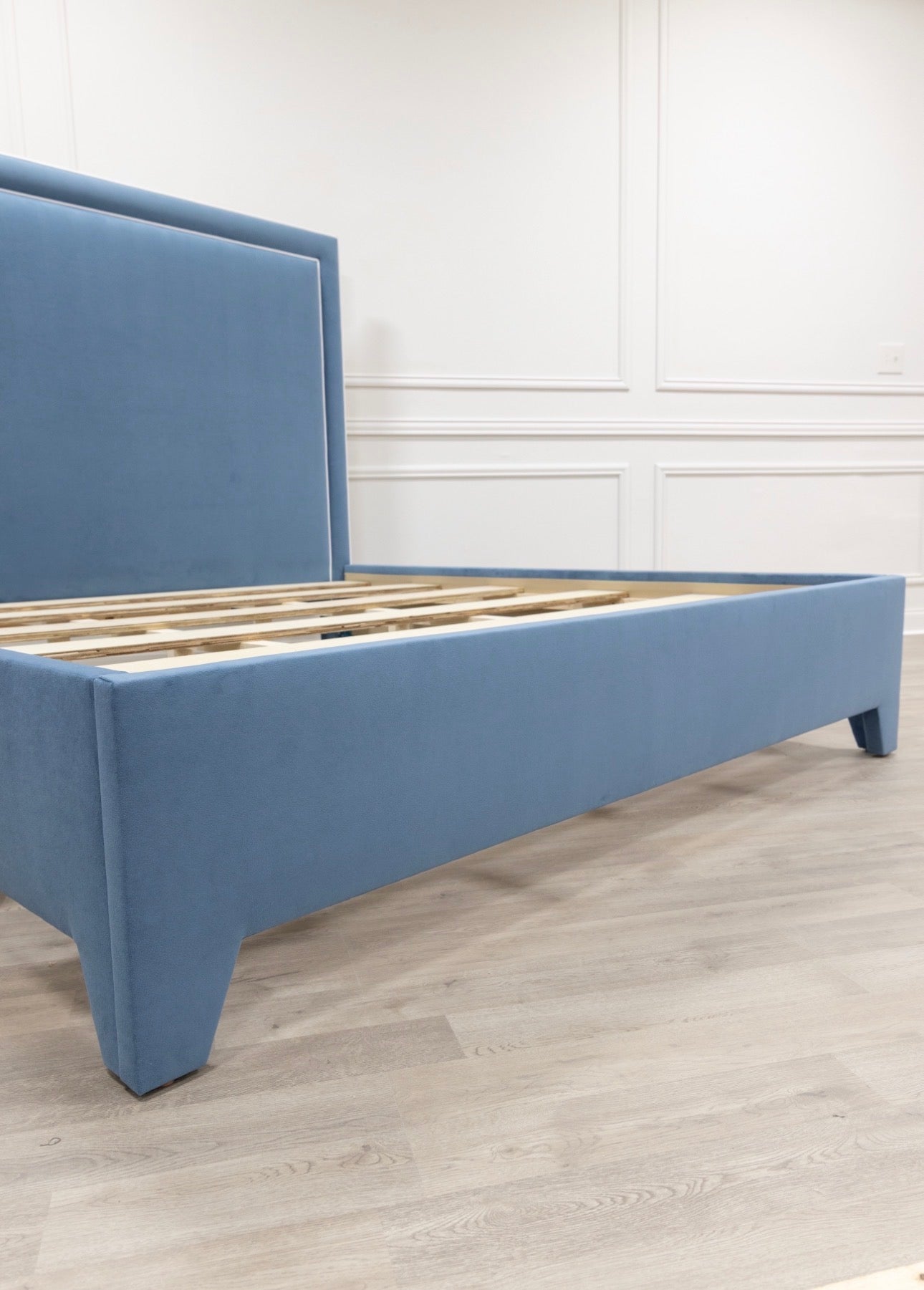 The Jacob King Bed - Upholstered Legs - Ocean Blue Performance Velvet Fabric - White Trim